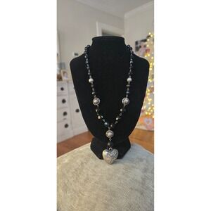 Premier Designs Puffy Heart Necklace Silver Tone Faceted Black Crystal Beads